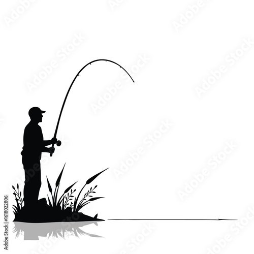 Fisherman casting rod near reeds with reflection fishing