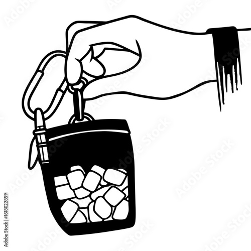 Hand holding a treat pouch with ice cubes attached by a carabiner vector