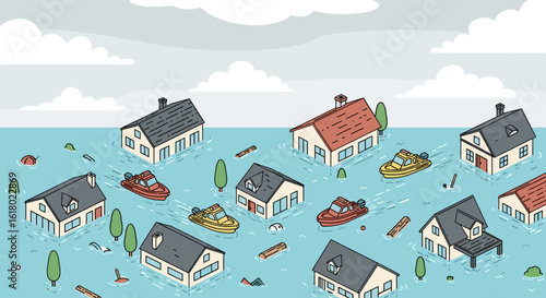 Cartoon illustration of houses and boats submerged in floodwaters under a cloudy sky, depicting a natural disaster.