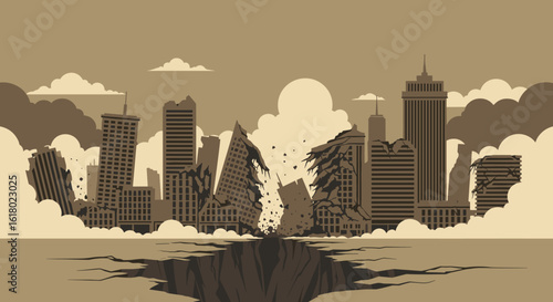A sepia-toned illustration depicts a city skyline dramatically collapsing into a deep chasm, symbolizing natural disaster and urban destruction.
