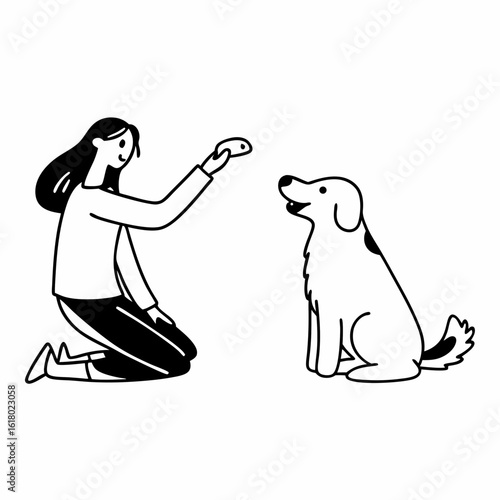 Woman kneeling rewards dog with treat in simple line art style on a white background rewarding training