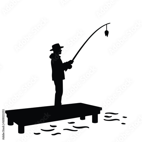 Fisherman on dock with rod and bait fishing water