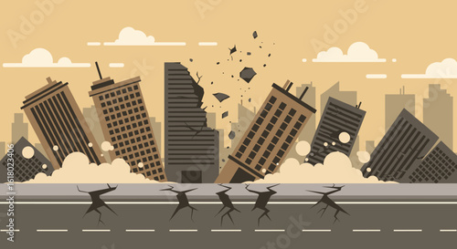 An illustration depicts an earthquake causing destruction, with buildings collapsing and the ground cracking, symbolizing disaster and natural phenomena.