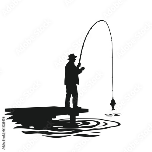 Fisherman on dock with bent rod and caught fish fishing pier
