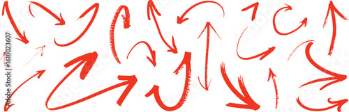 Collection of diverse red hand drawn arrows pointing in various directions pointer graphic