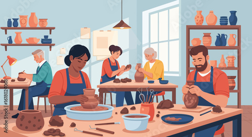 Diverse Group of Artisans Crafting Pottery in a Bright, Well-Lit Studio.