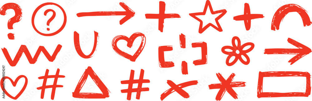 Hand drawn red symbols and shapes collection vector Hand drawn red symbols and shapes collection vector