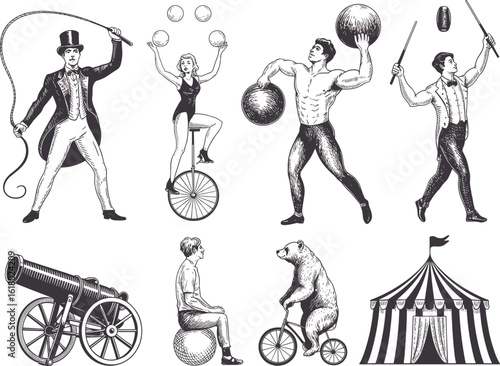 Vintage circus illustration set, strongman, ringmaster, juggler, acrobat, tent, cannon act, retro performers, black and white carnival art
