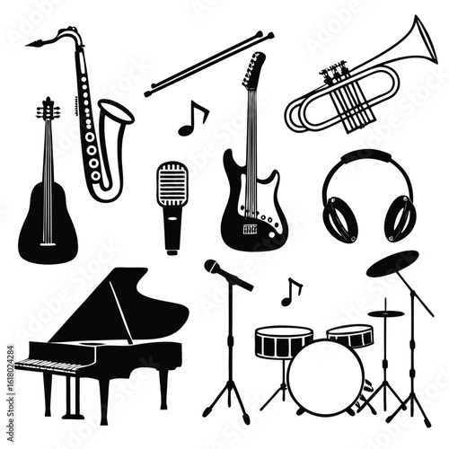 A versatile collection of musical instrument silhouettes featuring guitars and other iconic sound makers perfect for graphic design projects related to music and performance