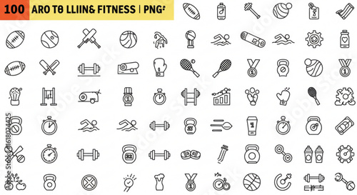 Collection of fitness and sports icons featuring various equipment and activities in black and white style vreated with genrated ai