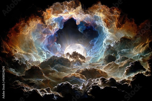 Celestial, vibrant clouds surround a luminous moon