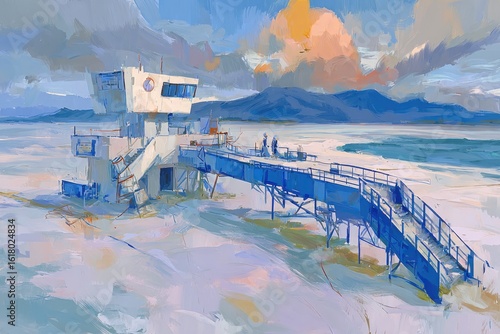 Pastel-toned, stylized landscape painting of a deserted coastal watchtower and pier