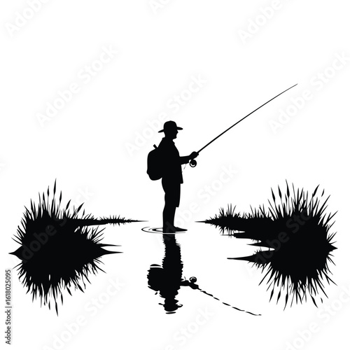 Fisherman silhouette casting rod in water with reeds and reflection fishing