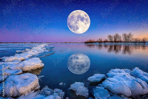 Full moon over frozen river at night