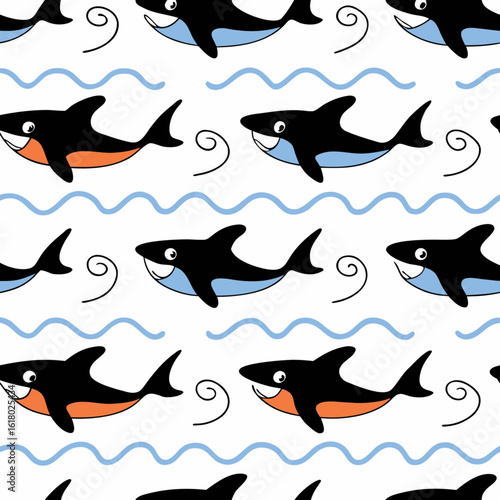 Minimilist seamless pattern with cartoon sharks in black and blue or orange swimming between blue waves and swirls vector