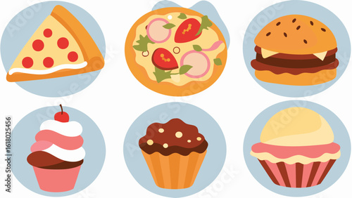 Illustration of various food items including pizza burger and cupcakes arranged on light blue circles