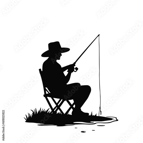 Fisherman silhouette seated with hat and rod fishing reel
