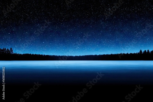 Night sky over frozen lake and forest