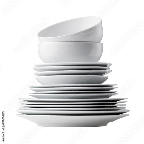 Stack of white ceramic plates and bowls kitchenware dinnerware tableware crockery dishware home goods isolated