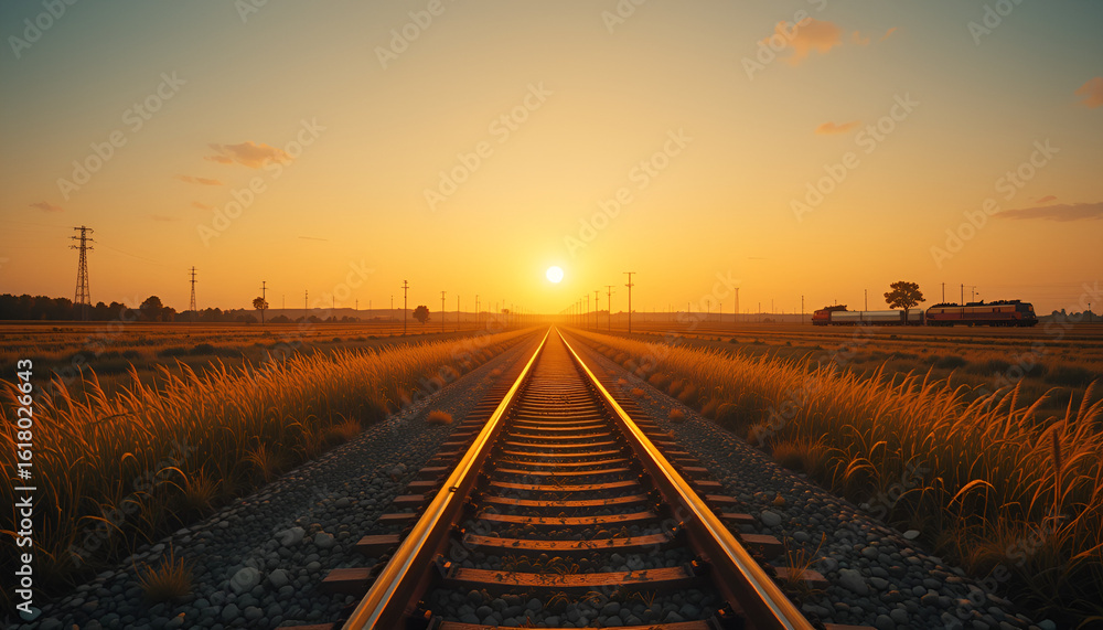 Obraz premium train track glowing under the golden hour sun, stretching into the distance with a slow
