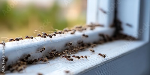 Ants Invade Bright Windowsill in Kitchen, Creating Chaos and Disorder for Homeowner s Peace