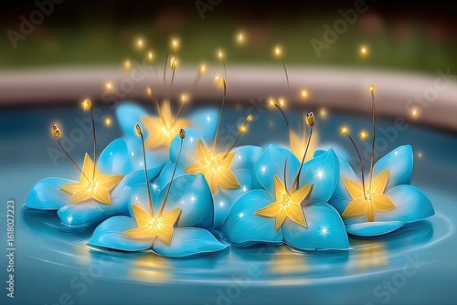 Cluster of glowing blue flowers on water