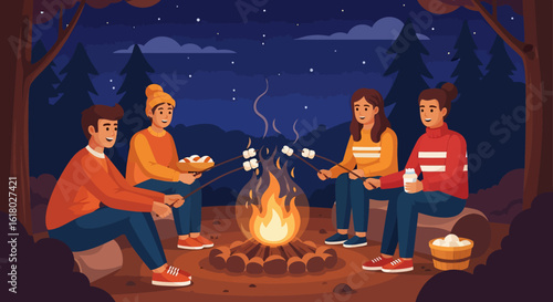 Four Friends Enjoying a Cozy Night by the Campfire