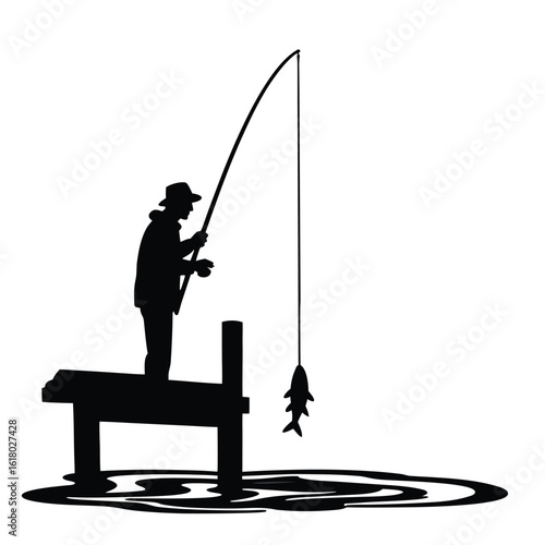 Fisherman with caught fish on pier fishing dock