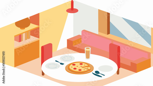 Isometric view of a dining room with pizza on the table and a sofa against the wall with window
