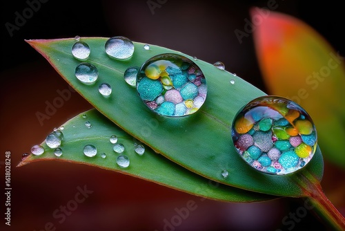 Water droplets on leaves, colorful reflections