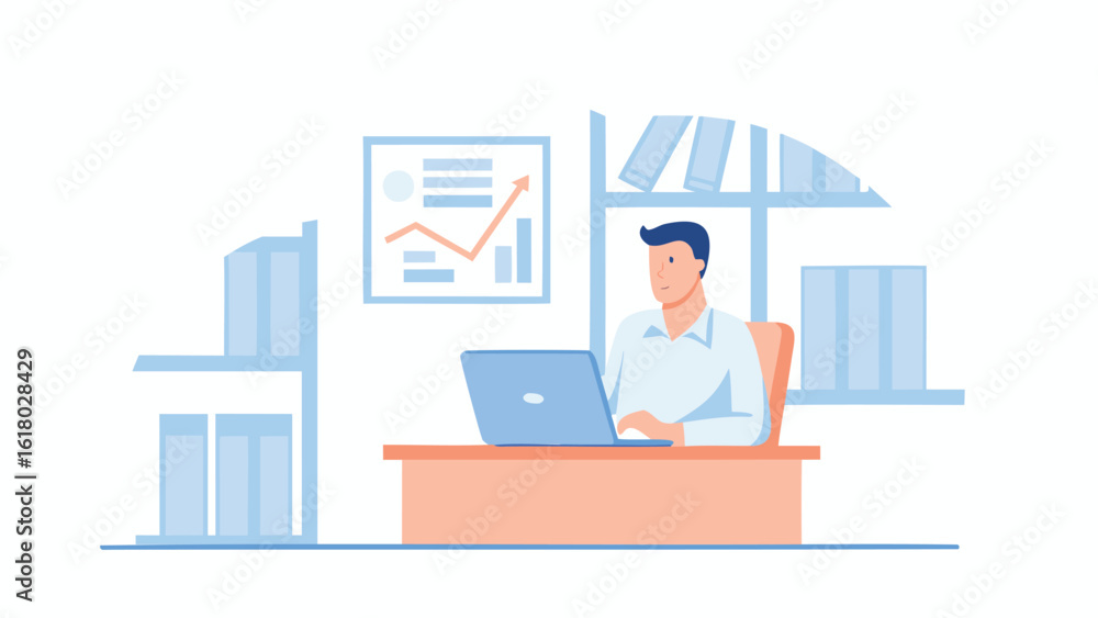 Fototapeta premium Man working on laptop at desk with chart and bookshelf in background in a vector illustration