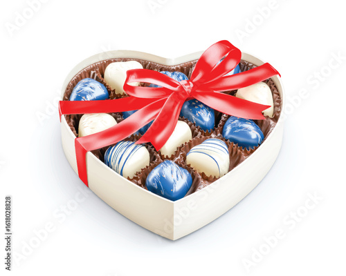 Heart shaped box filled with gourmet chocolates adorned with a vibrant red ribbon for romantic gifts and sweet indulgence