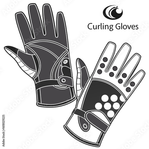 Black and white graphic illustration of curling gloves with text and logo sport winter sport