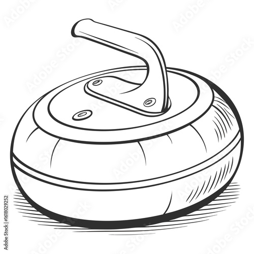 Black and white illustration of a curling stone with a handle on a white background sport winter sport
