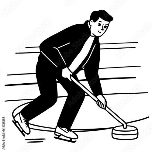 Black and white illustration of a male curler pushing a stone on ice curling sport