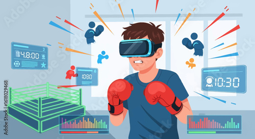 Immersive VR Boxing: A Focused Boxer with Red Gloves in a Virtual Ring