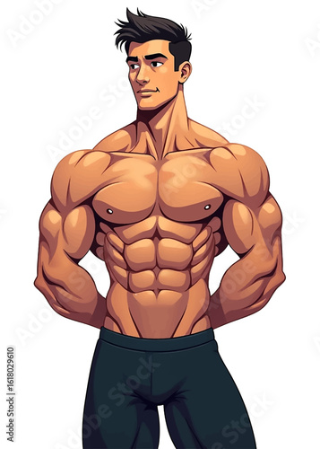Illustration of a muscular man with defined abs and dark hair posing with hands in his pockets