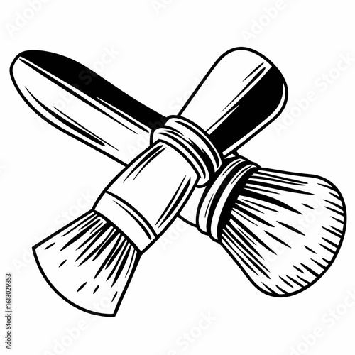 Two crossed black and white shaving brushes with detailed bristles grooming barber