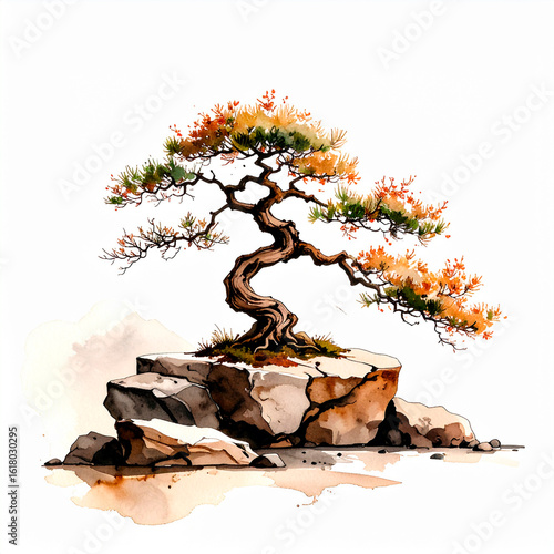 Watercolor bonsai tree on rocky cliff — Zen nature illustration
