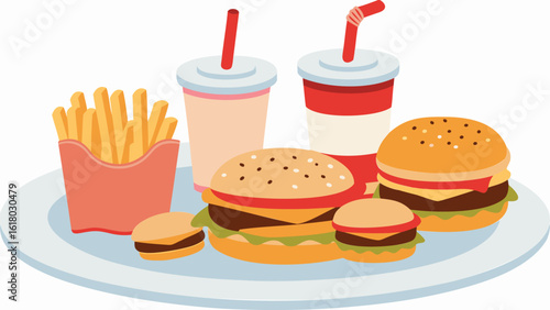 Illustration of a platter with burgers, french fries, and drinks with straws on a white background