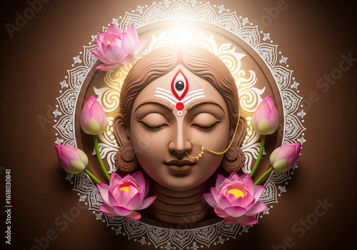 Hindu festival durga puja goddess durga face made of clay and lotus flower decorations