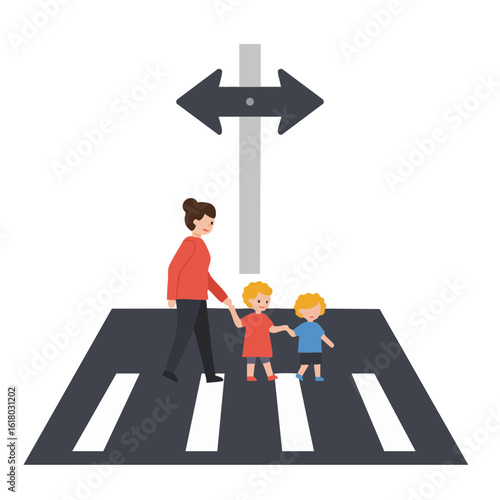 Pedestrian zone sign with family walking and directional arrow