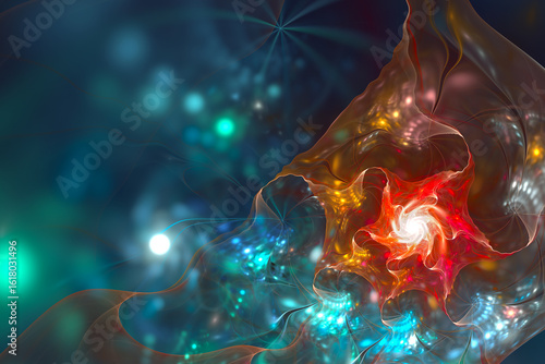 Abstract fractal art background, resembling bioluminescent starfish or plasma, with copy space.