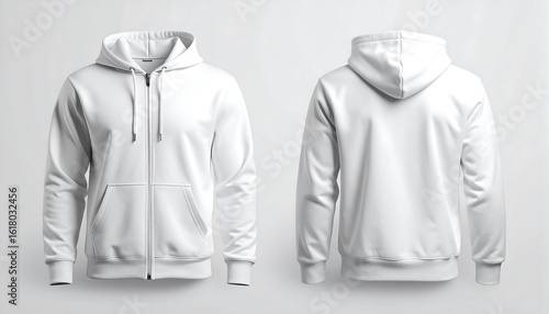 Front and back view of blank white zipped hoodie sweatshirt template for branding