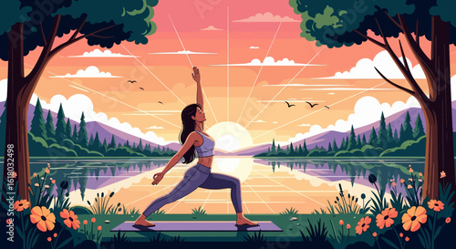 Serene Yoga Warrior Pose at Sunrise by Lake with Mountain Backdrop