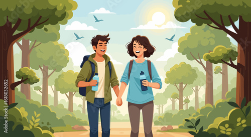 Smiling couple hiking hand-in-hand through a sunlit forest, carrying water bottles and backpacks.