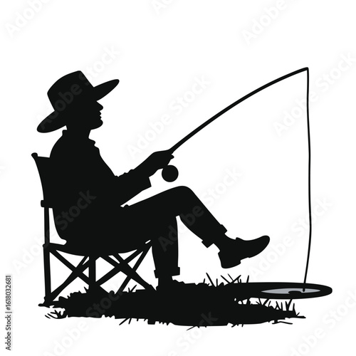 Man fishing with rod and reel from a chair silhouette