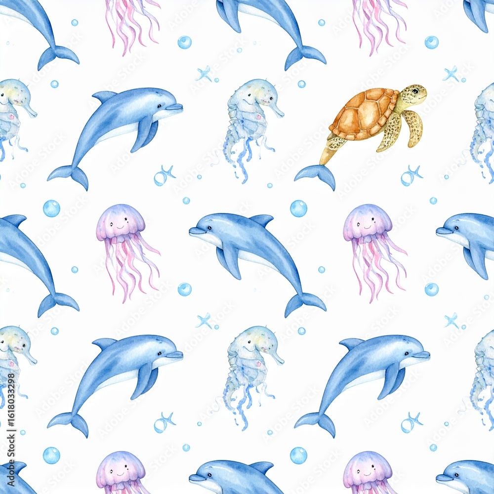Fototapeta premium Watercolor Seamless Pattern Smiling Ocean Animals Dolphins Turtles Jellyfish