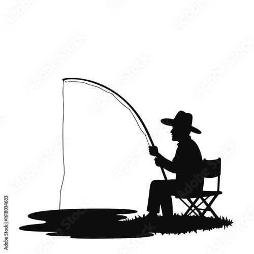 Silhouette of man wearing hat fishing from chair by water vector