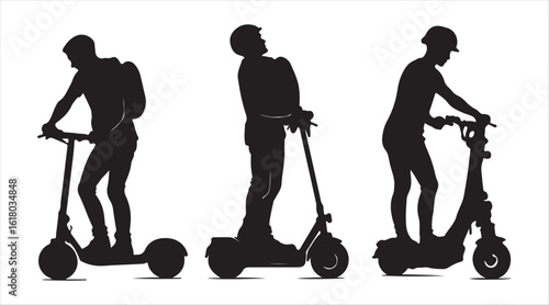 Black Silhouette Icons for Renting Electric Urban Transport. Man depicted on Gyroscooter, Bike, Roller Skate, Kick Scooter, and Unicycle.